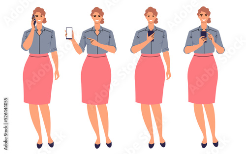 Group of business women in skirts with phone. A woman in different poses: talking on the phone, using the phone, scrolling the screen, showing a blank screen. Flat style. Vector isolated on white.