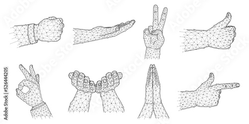 Vector set of hands showing gestures in polygonal style. Hand gestures Ok, thumbs up, peace, pray, fist, giving and finger gun. Hands in an abstract style made of lines and dots.