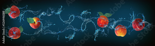 Wallpaper with fruits in water for designers - peach is filled with vitamins beneficial to health