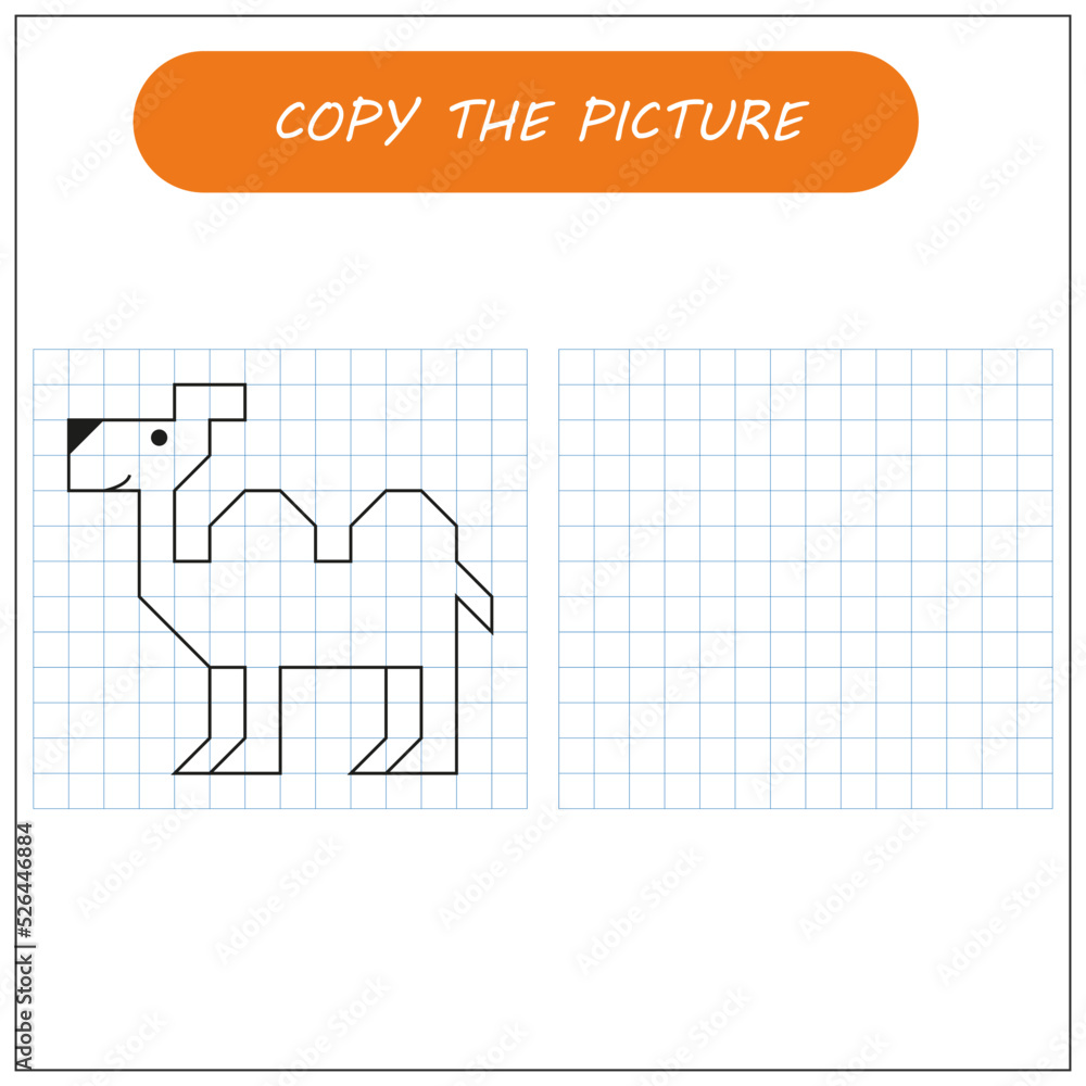 Fototapeta premium Kids draw activity game with camel. Copy the picture using grid.