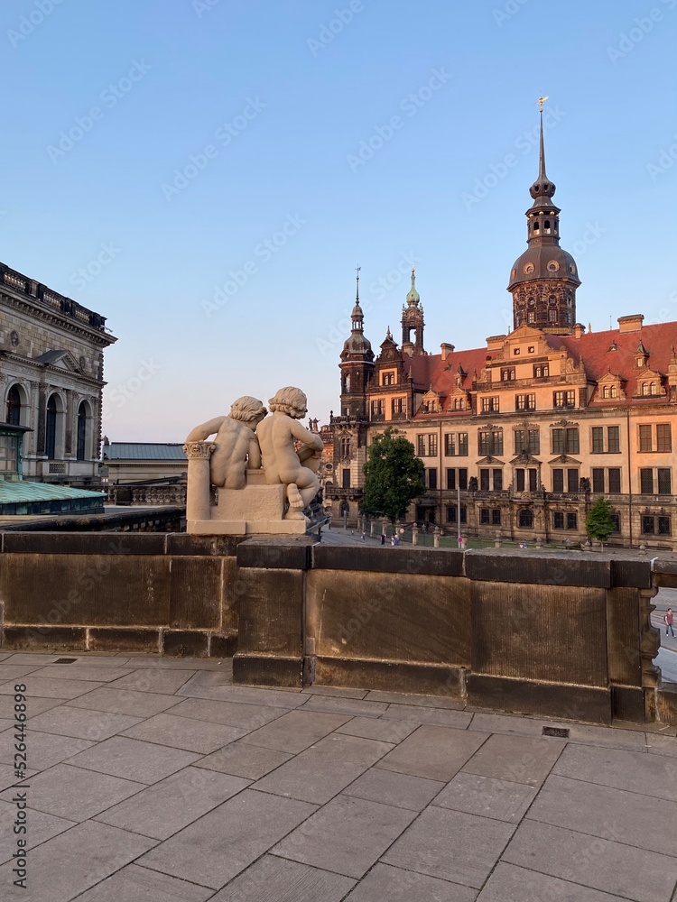 Dresden, Germany: The old city town of Dresden, the old beautiful german buildings, Zwinger castle. View of the Glockenspiel Pavillon carillon pavilion in the Zwinger,Clock pavilion with bells.