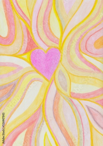 Lovely colors hand drawn pink heart in yellow and orange swirls background - valentine's day postcard 