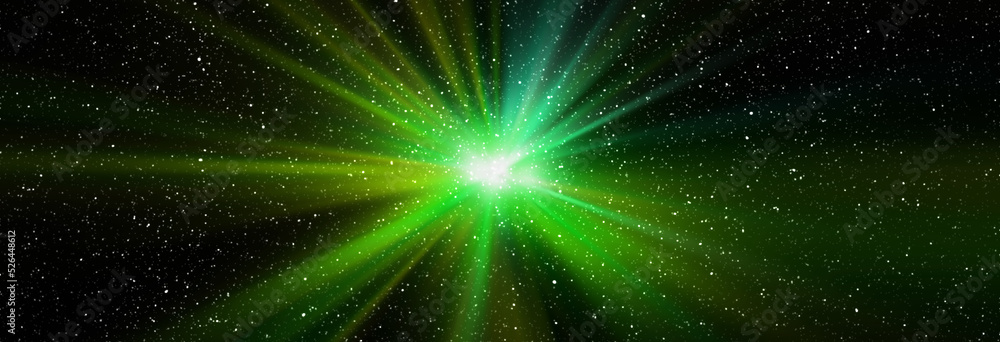 Fototapeta premium Burst of light in space. Night black starry sky horizontal background banner