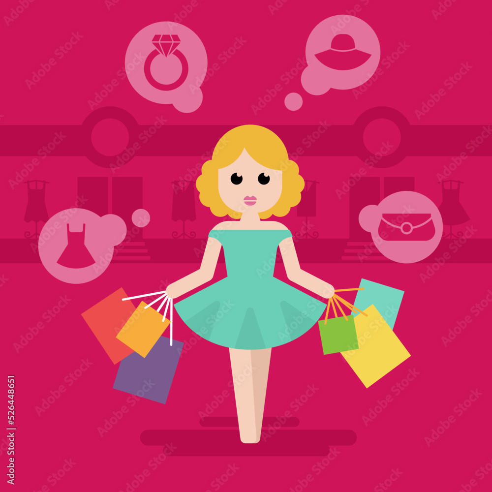Woman with shopping bags in the city. Vector illustration Woman with shopping bags in the city. Vector illustration