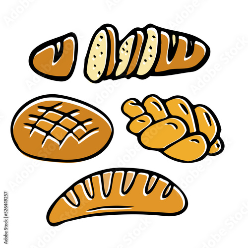 Bakery bread, buns, baguette and loaf . Cartoon illustration isolated on white background