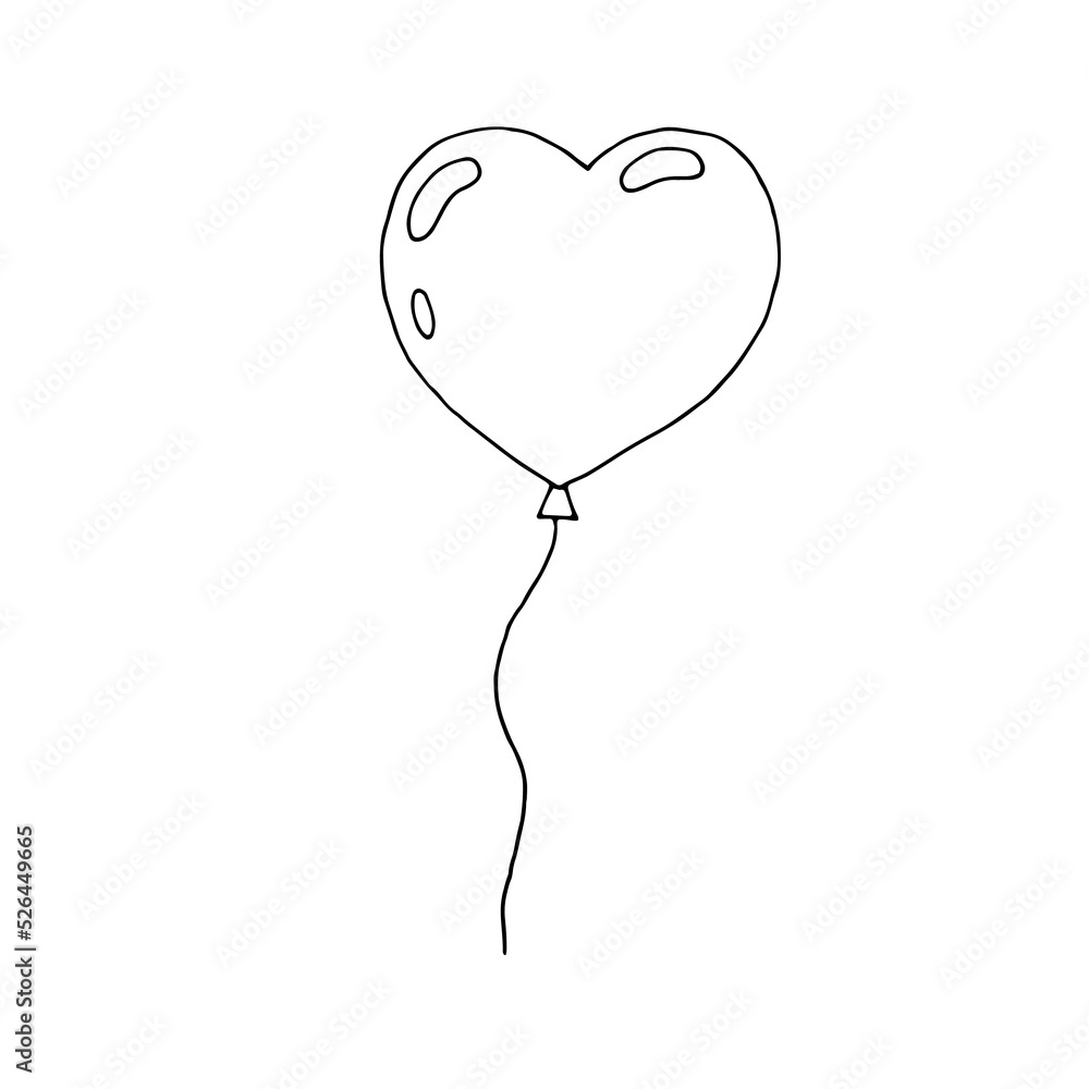 Heart shaped hot air balloon for romantic cards, invitations, stickers. Vector illustration. Doodle. Drawn by hand. Love, romance, feelings. Sketch. Silhouette. Black and white. Contour. Coloring.