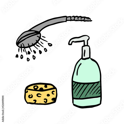 Bathroom accessories set, soap shampoo and sponge, shower