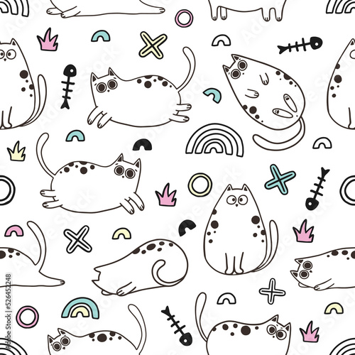 Cute Cartoon Cat Vector Icons, Seamless Pattern and Background