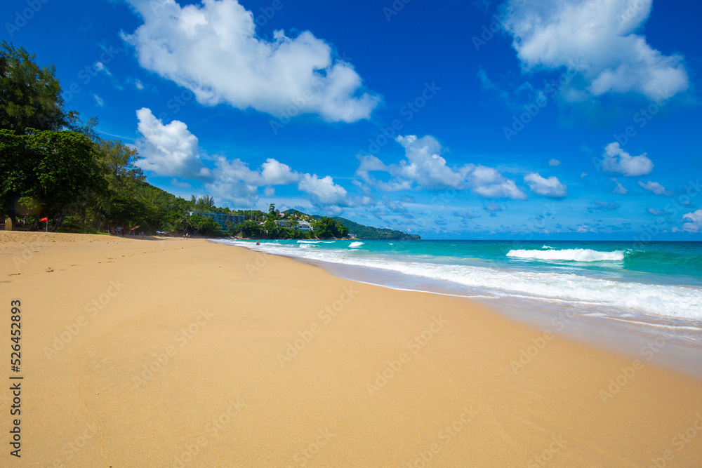 Exotic idyllic white sand sea wave beach blue sky with cloud Exotic idyllic white sand sea wave beach blue sky with cloud