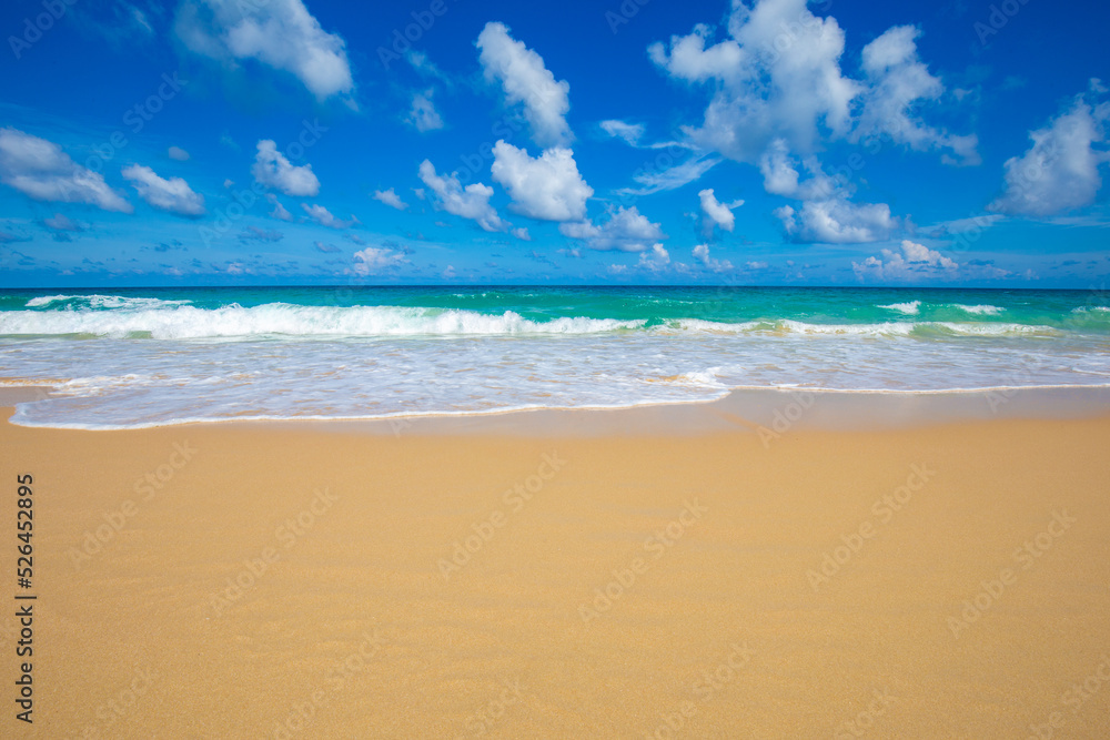 Exotic idyllic white sand sea wave beach blue sky with cloud