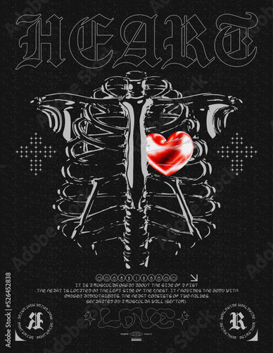 Retro futuristic poster with human skeleton and heart inside. Trendy grunge print for clothes, t-shirts, hoodies and sweaters. Isolated on black background