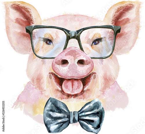 Cute piggy. Pig for T-shirt graphics. Watercolor pink pig with bow-tie and glasses