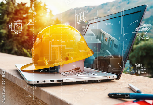 Billede på lærred Laptop of a architect who plans a house