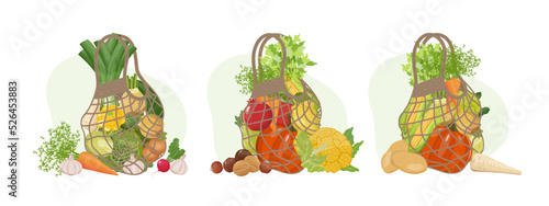 Shopping string bags set with autumn vegetables and fruits from local market: pumpkin, carrot, corn, cabbage, quince, nuts. Reusable recyclable plastic free shopper, vector Illustration