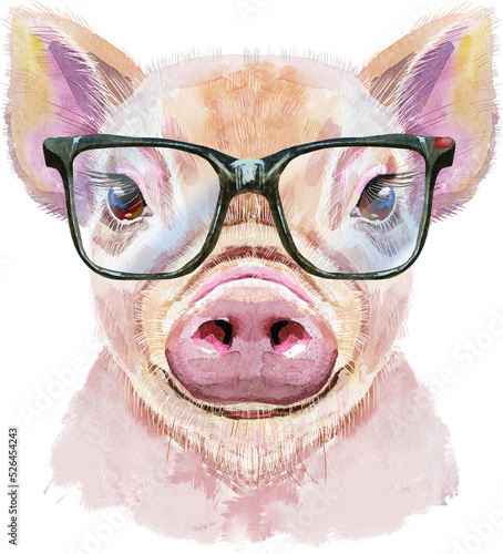 Watercolor portrait of mini pig with glasses