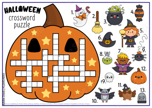 Vector Halloween pumpkin shaped crossword puzzle for kids. Autumn holiday quiz for children. Educational activity with kawaii symbols. Cute All saints day English language cross word.