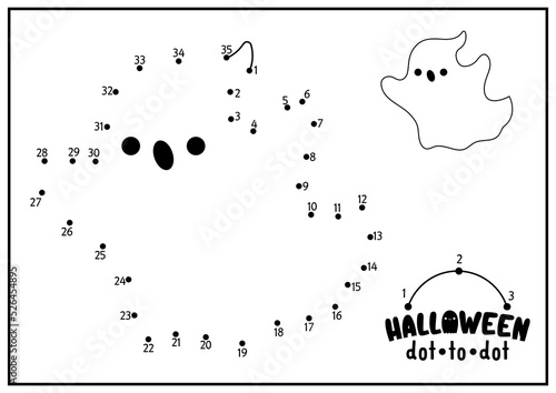 Vector Halloween dot-to-dot and color activity with cute kawaii ghost. Autumn holiday connect the dots game for children with funny spook. All saints day coloring page for kids. Printable worksheet.