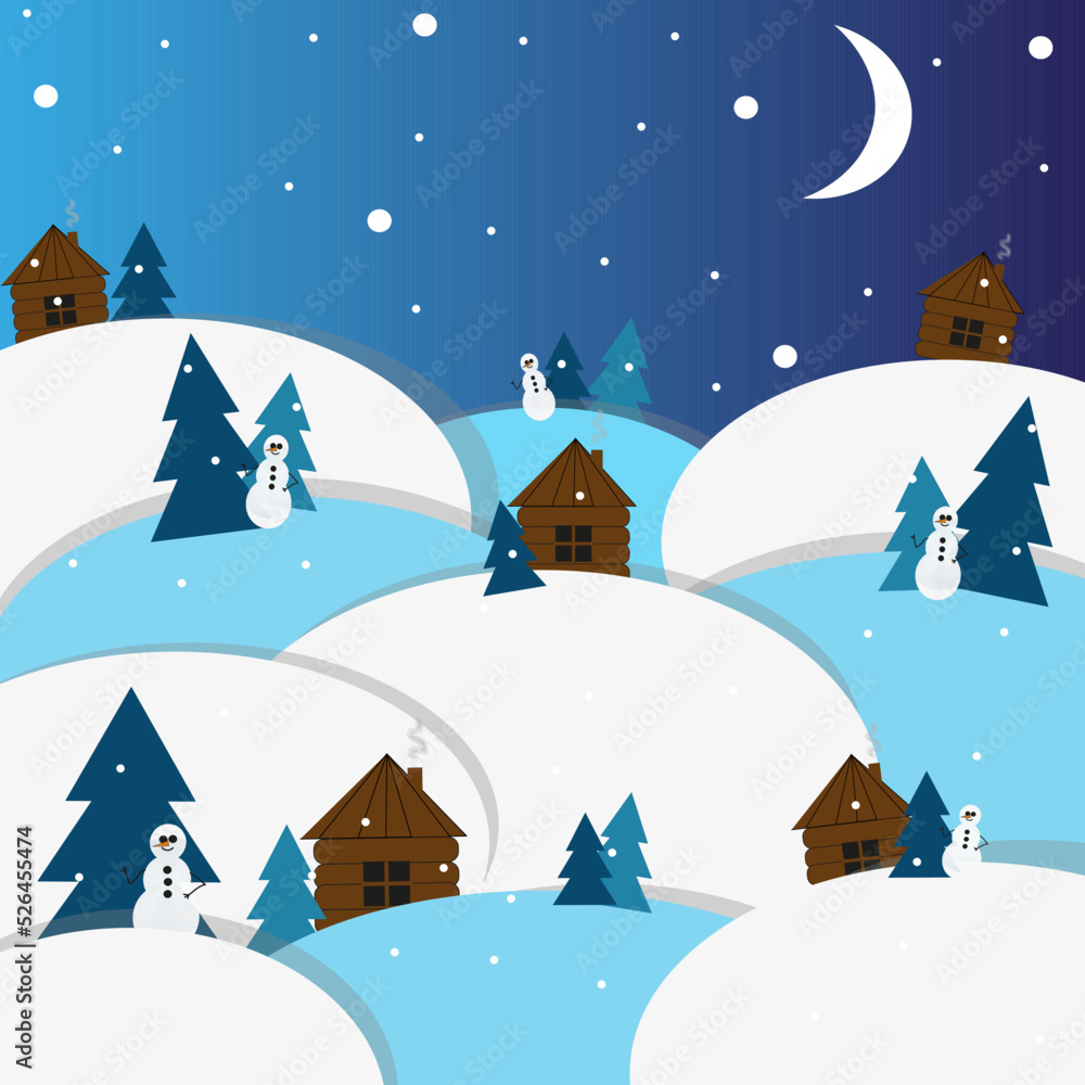 Fototapeta premium Winter landscape with rustic wooden houses, christmas tree, snowman, snowy hills, moon and snowflakes on night sky background. Vector illustration with picture evenings on the farm. 