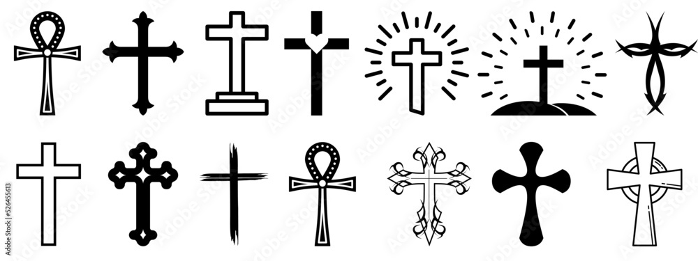 Christian Cross Icon Collection Religion Symbols Vector Illustration 