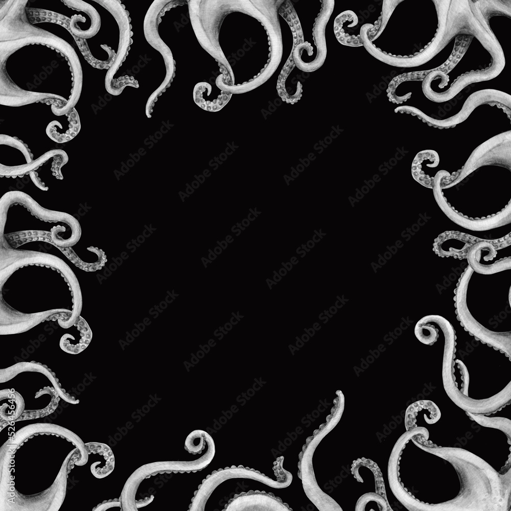 A square frame with gray wiggling octopus tentacles on a black ...
