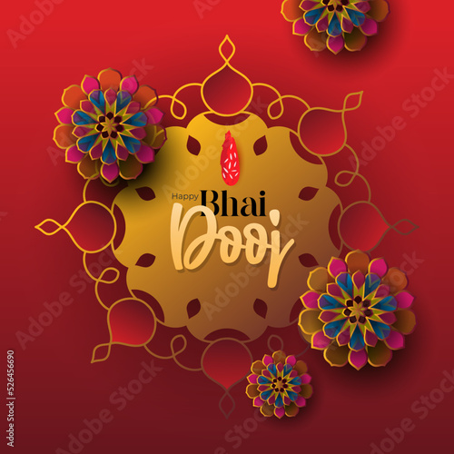 Happy Bhai Dooj Greeting Template with Decorative Ornaments, Bhai Tika, Indian Religious Festival Bhai Dooj Wishes Background
