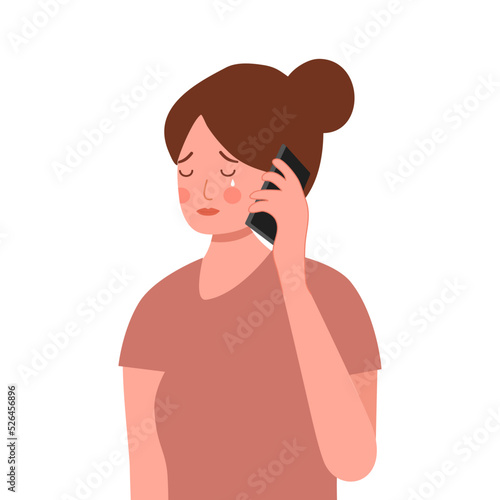 Sad woman crying on phone in flat design on white background.