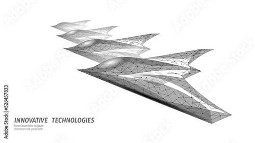 3D combat drone low poly concept. Unmanned military aerial vehicle battlefield UAV target acquisition. War drone airplane army strikes conflict vector illustration