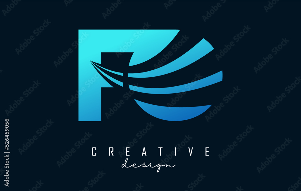 Creative blue letters FO f o logo with leading lines and road concept design. Letters with geometric design.