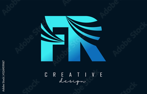 Creative blue letters FR f r logo with leading lines and road concept design. Letters with geometric design.