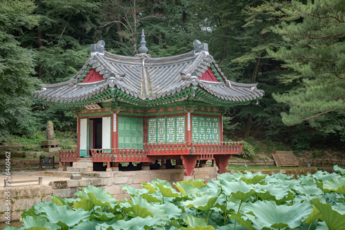 Colorful traditional Korean architecture building at the secret garden lotus pond in Changgyeonggung Palace in Seoul South Korea
