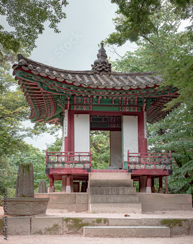 Colorful wood red traditional Korean architecture building pavilion in Changgyeonggung Palace in Seoul South Korea © Jacki