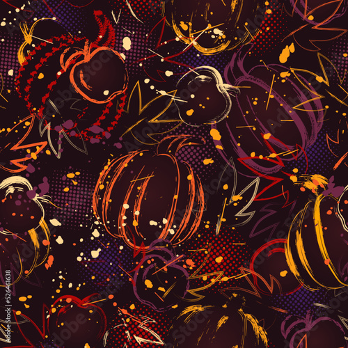 Seamless autumn pattern in grunge style with pumkins, apples, leaves, paint brush strokes, blots, round halftone shapes. Bright decoration for Thanksgiving day. Dense random chaotic composition.