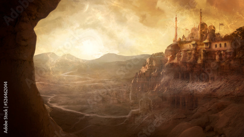 An eastern rock temple with domes and tall towers in the desert illuminated by the bright sun at sunset. Arabian fantasy landscape with ruins of the ancient city, with magic golden sky and clouds.