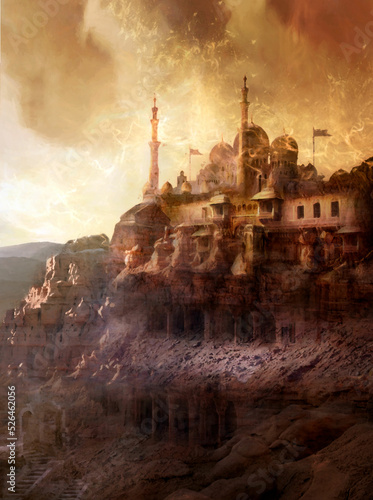 Arabian fantasy landscape with ruins of the eastern kingdom, with magic golden sky and clouds. An ancient rock temple with domes and tall towers in the desert illuminated by the bright sun at sunset.