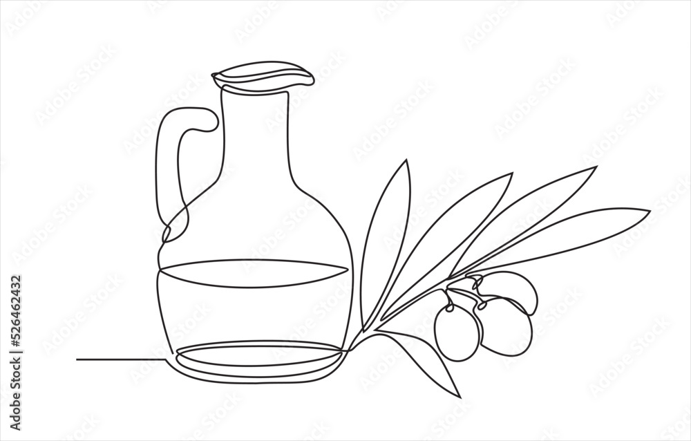 Linear vector icon of the bottle with olive oil and olive -Continuous one line drawing Linear vector icon of the bottle with olive oil and olive -Continuous one line drawing