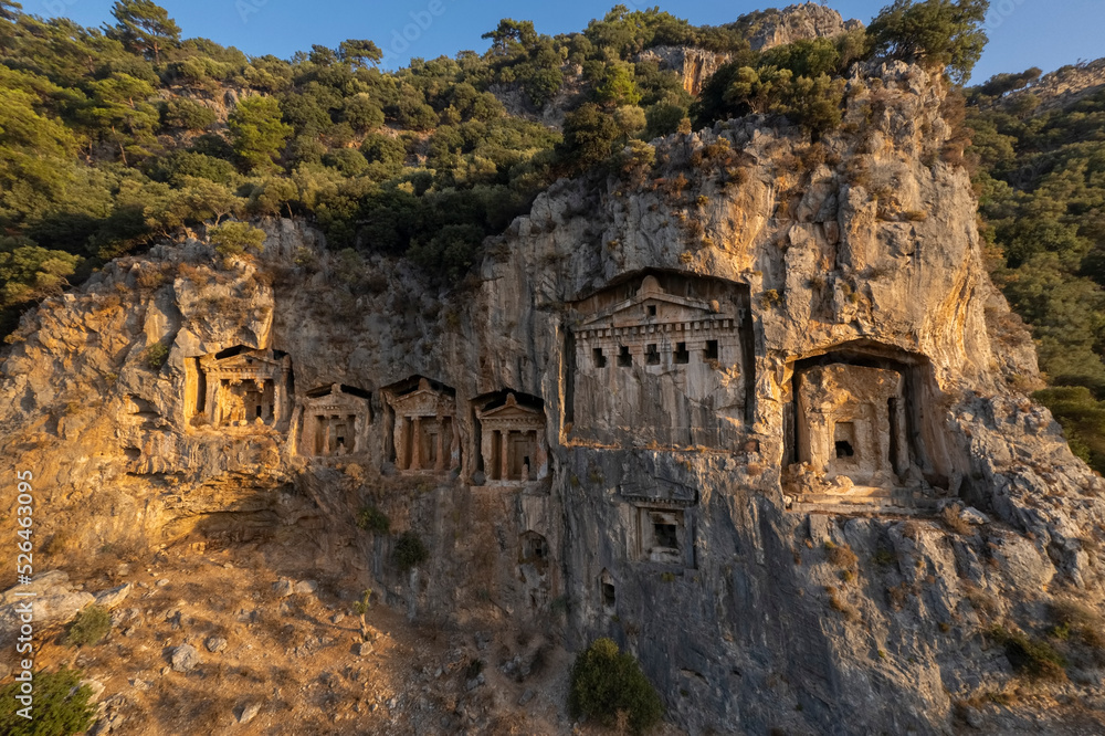 Kings tombs in the cliff face Kaunos Dalyan, Turkey.
