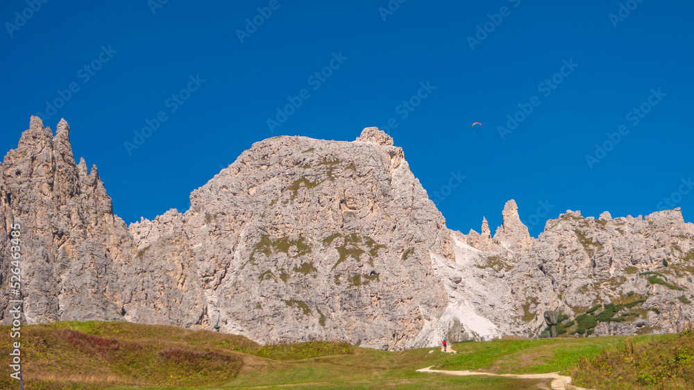 Panoramic view of magical Dolomite peaks of Pizes da Cir, Passo Gardena at blue sky and sunny day, South Tyrol, Italy, wide angle