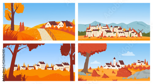 Houses in autumn town or village landscape, Scandinavian neighbourhood vector illustration set. Cartoon cute house cottages and gardens, park and road on hills, European residential area background