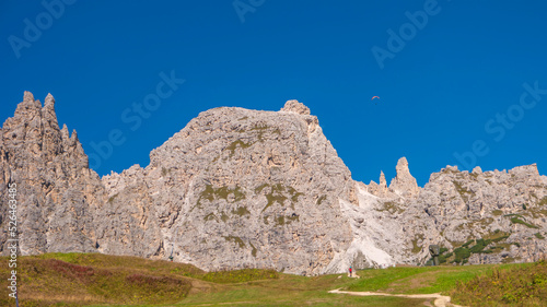 Panoramic view of magical Dolomite peaks of Pizes da Cir, Passo Gardena at blue sky and sunny day, South Tyrol, Italy, wide angle