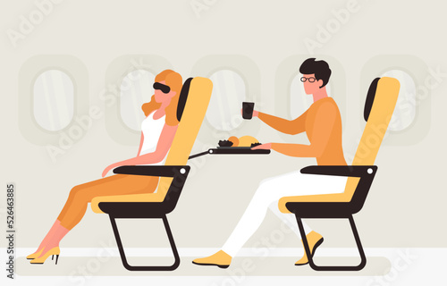 Passengers sit on seats near window inside airplane. Cartoon people travel by plane, woman sitting with sleep mask on face, man eating meal flat vector illustration. Air transportation concept