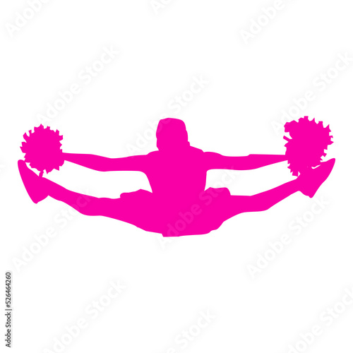 Logo cheerleader. Silueta de mujer joven animadora saltando con pompón aislada en color rosa