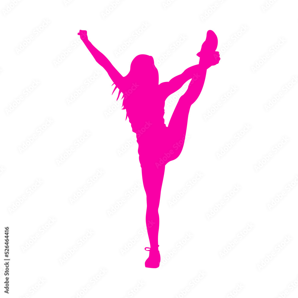 Logo cheerleader. Silueta de mujer joven animadora flexible bailando aislada en color rosa Logo cheerleader. Silueta de mujer joven animadora flexible bailando aislada en color rosa