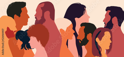 Multiple exposure, Conference or debate. Discussion or comparison between friends. Group of isolated coloured flat cartoon characters talking. Dialogue people profile.