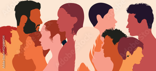Multicultural and multiracial society. Multicultural friendship and empowerment. Flat cartoon profile group of men and women with diverse cultures.