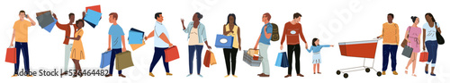 Shoppers people carry purchases from shopping mall and store, cart from supermarket set vector illustration. Cartoon young man and woman holding bags isolated white. Shop, lifestyle, retail concept
