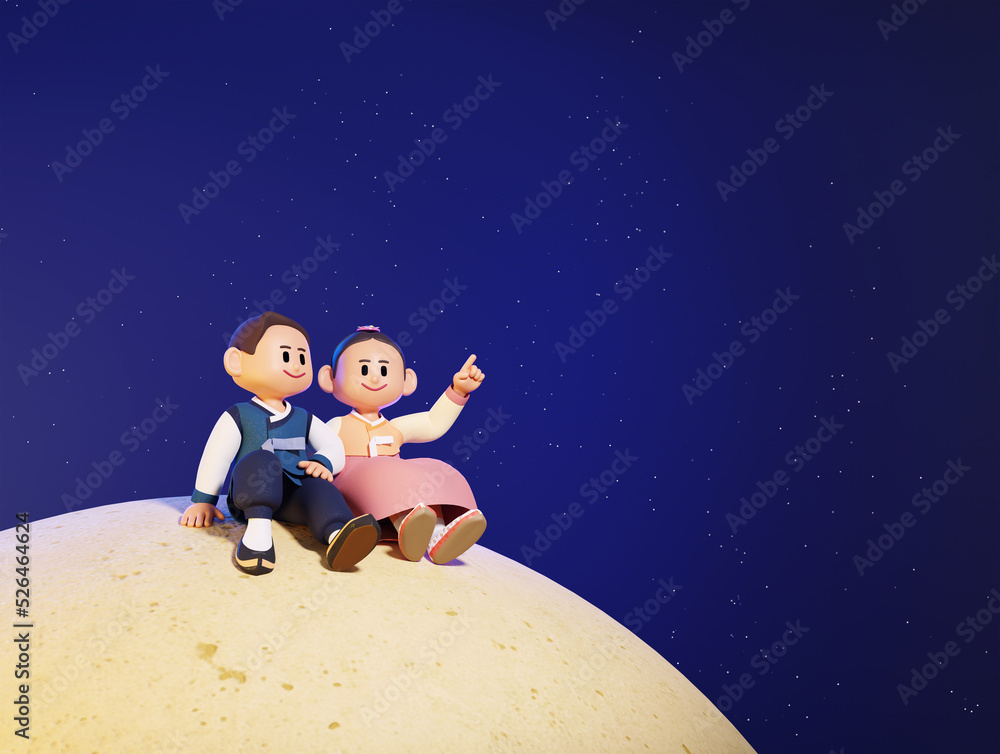 A boy and a girl in hanbok sit on the full moon and look somewhere