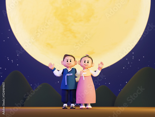 Under the full moon, a boy and a girl in hanbok greet each other with their arms around their shoulders