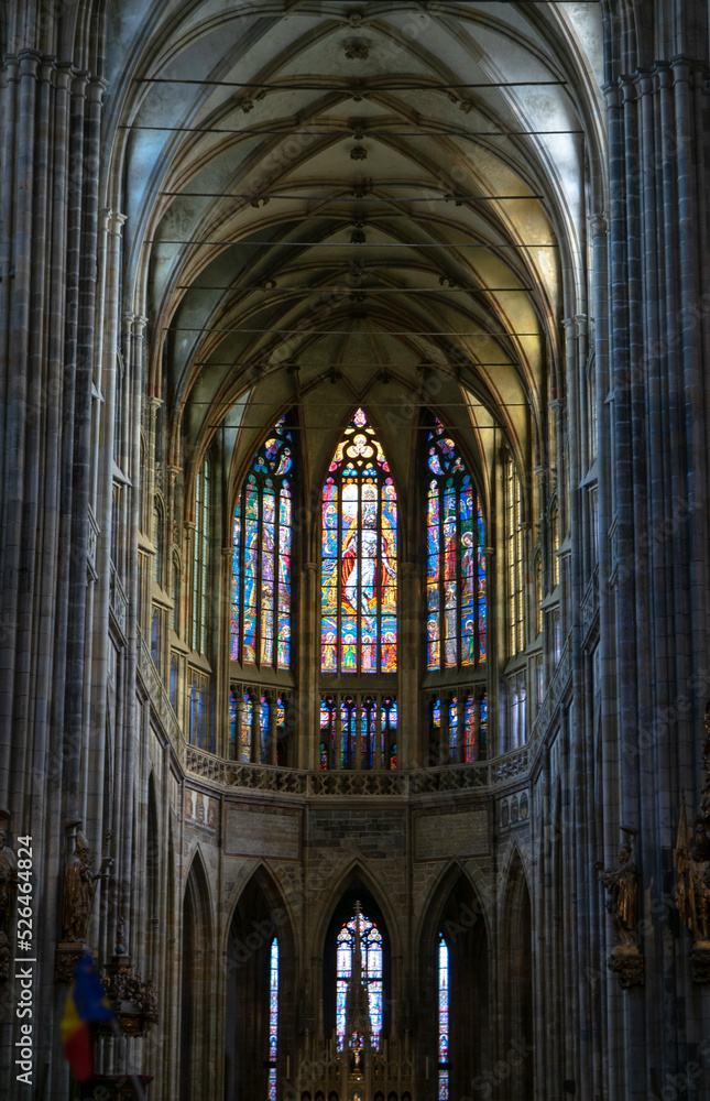 view of the stained glass windows in the Prague Cathedral 