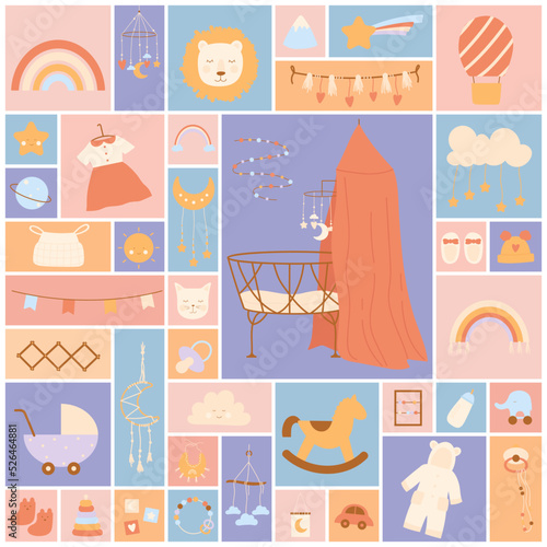 Baby boho nursery set vector illustration. Cartoon cute room decor collection for newborn boys and girls in bohemian style, clothes and toys in square collage background. Bedroom interior concept