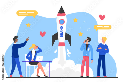 Brand creative product launching, marketing service for business startup. Cartoon tiny characters work and launch rocket into space, beginning new campaign flat vector illustration. Enterprise concept